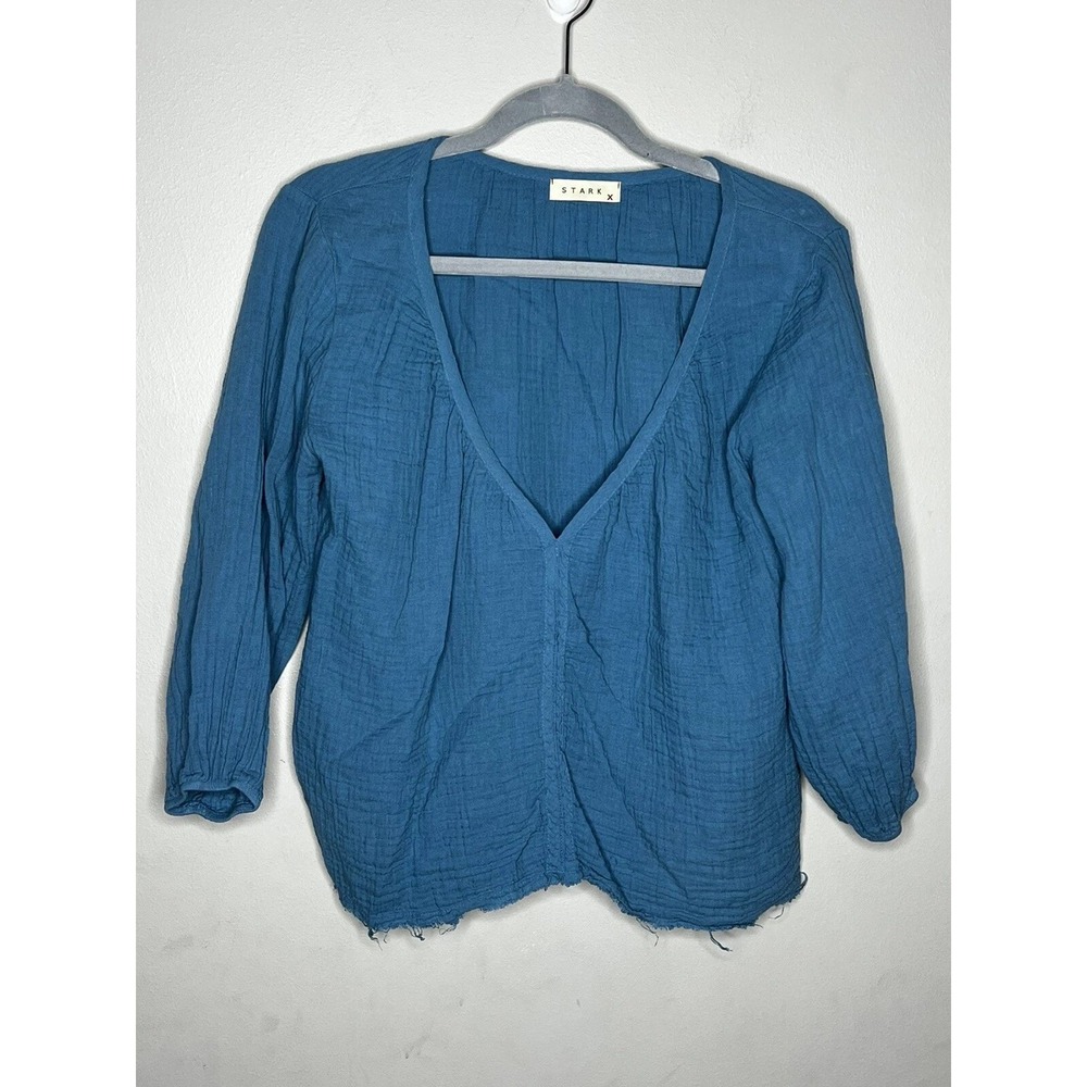 Stark X Blouse Womens XS Blue Cotton Gauze V-Neck Raw Hem Boho Coastal Lagenlook